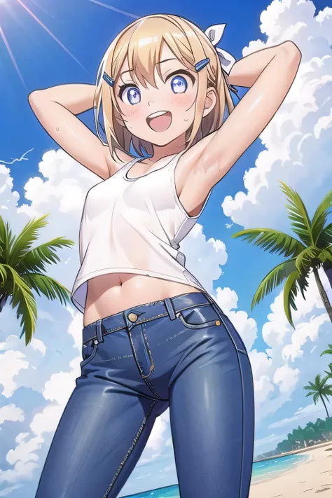 masterpiece,best quality,ultra detail, ((Perfect Face, Perfect Arms, Perfect hands, Perfect Fingers)), 1girl, 14yo, petite, ((round face, ecstasy, orgasm face, drooping eyes, shame smiling, blush)), dropping eyes, sleepy, Open mouth, ((White teeth)), backg...