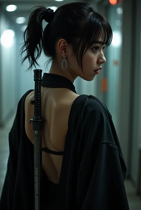 (((The dark interior of the Nostromo ship :2.0))),((( HR Gigger Style Cyberpunk Atmosphere :2.0))),(((Hold a cyberpunk-style Japanese sword:2.0))),Side view from the back ,Side pose,(( Look Back and Look at the Camera:2.0)),(( looking back over my shoulder...