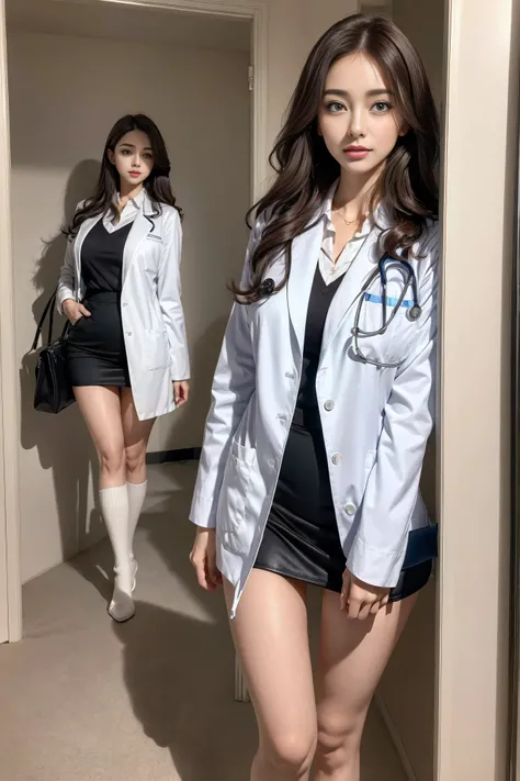  realistic beautiful doctors in the hospital、amazing beauty、Collared shirt、Wear the doctor's white coat outside,Stethoscope , ( top quality in school、 8,000、32K、 masterpiece、nffsw:1.3), 2 girls， detailed face ， big blue eyes ，Brown curly hair， sexy and plu...