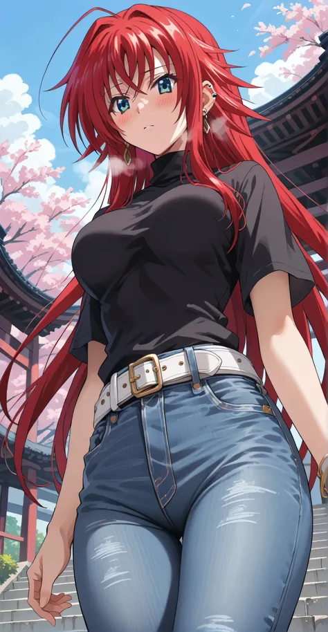 Rias gremory , (long hair, red hair ), Blue eyes, earrings, ear piercing, multicolored hair, score_9, score_8_up, score_7_up, source_anime, masterpiece,best quality, medium breasts, ((Black turtleneck, denim  pants, belt)), (gasping,heavy breathing, blush:...