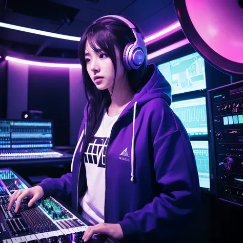 Modern music producer（Chic and stylish）** ** prompt:** *Wearing sleek headphones and a stylish hoodie、Young music producer in a high-tech recording studio。he、Finding focus on futuristic digital mixing board with glowing waveforms and holographic controls。 ...