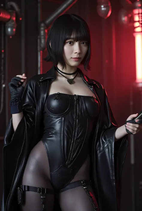 (((The dark interior of the Nostromo ship :2.0))),((( HR Gigger Style Cyberpunk Atmosphere :2.0))),(((Hold a cyberpunk-style Japanese sword:2.0))),Side view from the back ,Side pose,(( Look Back and Look at the Camera:2.0)),(( looking back over my shoulder...