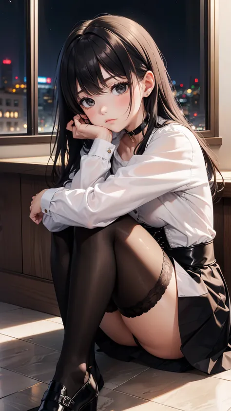  a young girl sitting on the floor with her legs crossed and her head crouched in pain, hugging her knees,  She is very tired ,  Sitting on the floor on bent knees  , pretty face,  long black hair ,  detailed eye comforter,  black eyes,  choker : 1.6, (( l...