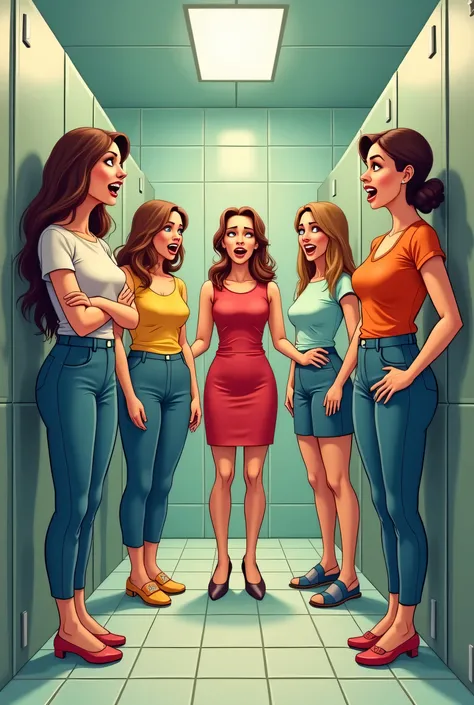 Create an image of 5 desperate women standing in line to enter the bathroom.  Make it look funny  