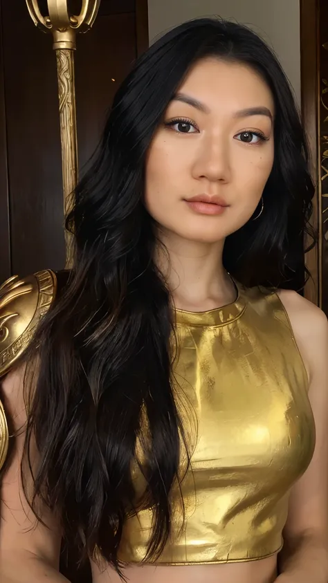 beautiful skinny antique greek spartan warrior asian girl, 26 years old, detailed face with piercing eyes, flowing dark hair, wearing ornate spartan helmet with ornate gold and bronze details, wearing detailed spartan battle armor with intricate gold and b...