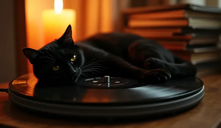 "A cozy, dimly lit scene featuring a sleek black cat lounging effortlessly atop a spinning vinyl record. The soft glow of vintage warm-toned lighting reflects off the glossy surface of the record, creating a soothing ambiance. The cat, perfectly relaxed, r...