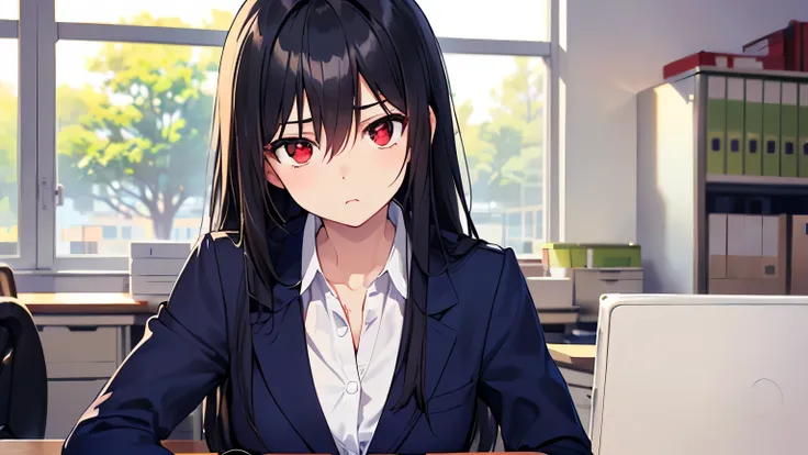 SFW、One beautiful woman、((( upper body shot、 Angled Angle 、Sulky、Daytime office、company employee、)))、 anime、 animeCG、((( black hair、 long hair、hair between eyes、 red eyes、20 year old beautiful woman、 navy blue tailored jacket、 white collarless blouse ))、 M...