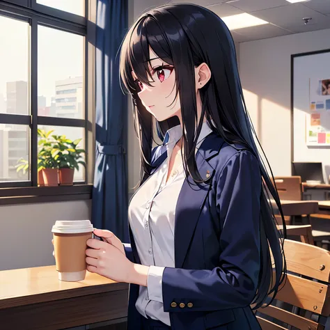 SFW、One beautiful woman、Large office during the daytime、company employee、((( upper body shot、 Side Angle、 holding a coffee cup、talk)))、 anime、 animeCG、((( black hair、 long hair、hair between eyes、 red eyes、20 year old beautiful woman、 navy blue tailored jac...