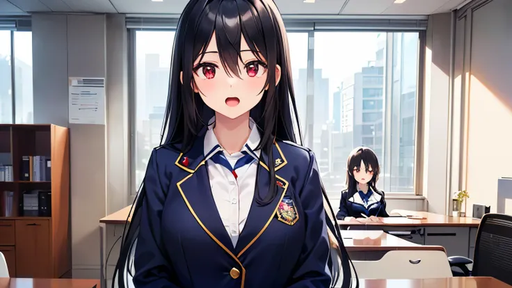 SFW、One beautiful woman、Large office during the daytime、company employee、((( standing、 upper body shot、 open the mouth)))、 anime、 animeCG、((( black hair、 long hair、hair between eyes、 red eyes、20 year old beautiful woman、 navy blue tailored jacket、 white co...