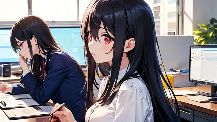 SFW、One beautiful woman、(((Side shot 、 Side Angle、Daytime office、company employee、)))、 anime、 animeCG、((( black hair、 long hair、hair between eyes、 red eyes、20 year old beautiful woman、 navy blue tailored jacket、 white collarless blouse ))、 Masterpiece、No m...