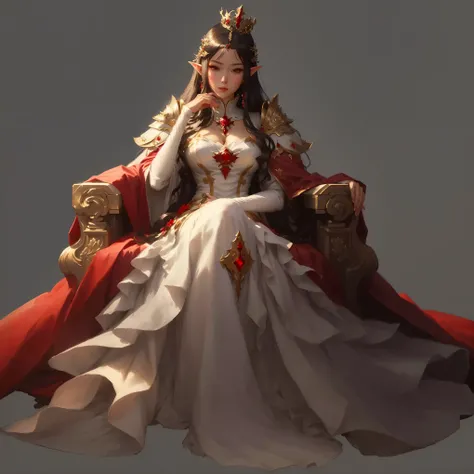 anime, a woman in a white dress and a red cape is sitting on a chair, a beautiful fantasy empress, royal elegant pose, ((a beautiful fantasy empress)), guweiz on pixiv artstation, guweiz on artstation pixiv, guweiz, beautiful and elegant elf queen, by Yang...