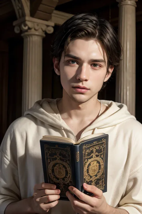 32-year-old boy ,  White ,  Brasileiro, mago  White ,  apparently 23 years old,  ancient ivory temple. hood.  Magic book in the hands  .   Short hair degrades . Golden ornaments . 