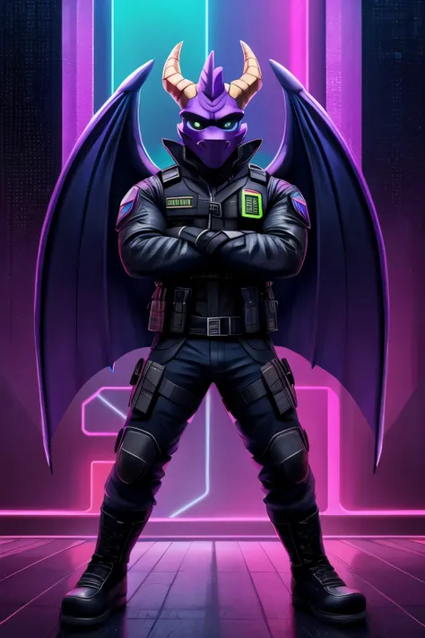 painting background, glitch background, metallic wall, neon light, neon plank, neon lighting,
front view, focus male, look view,
spyro, and, aged up, elder spyro, (muscul body:0.6),
techwear jacket, black gloves, tactical vest, with buckle and tape,
black ...