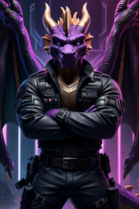 painting background, glitch background, metallic wall, neon light, neon plank, neon lighting,
front view, focus male, look view,
spyro, and, aged up, elder spyro, (muscul body:0.6),
techwear jacket, black gloves, tactical vest, with buckle and tape,
black ...