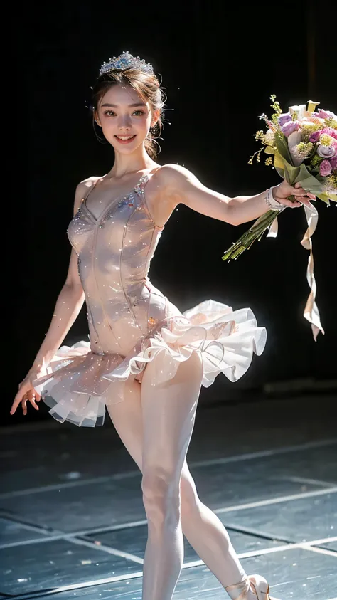 Ultra HD 4K, The greatest masterpiece of  ,(( Take a commemorative photo with a large bouquet, photo indistinguishable from reality :1.4)),((Ballet Costumes,ballet tiara,Tutu ,Lausanne International Ballet Competition, principal ballet dancer on stage at b...