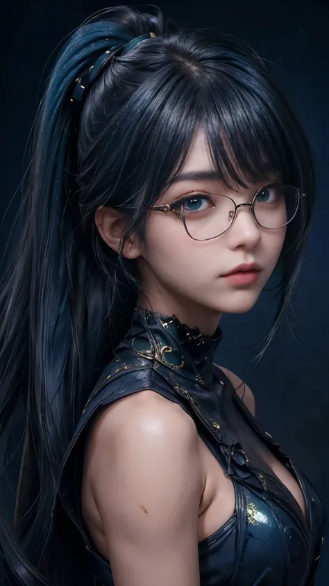 (Previous focus )、( dark: 1.6)、(Masseter muscle:1.3)、(32K、 realism、  original pictures 、 top quality: 1.4)、( one girl)、 beautiful face、( lively face)、(Long ponytail hairstyles，Black and green hair,:1.3)、  beautiful hairstyles in the ancient temple caves、Re...