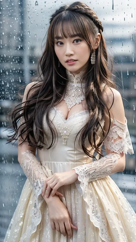 (8k、RAW Photos、highest quality、masterpiece:1.2)、(Realistic、Realistic)、1 woman、(((lace dress)、long skirt、long Hair and bangs、background is midnight, in the rain ))、Lots of eyelashes、Glowing eyelids、skeletally correct