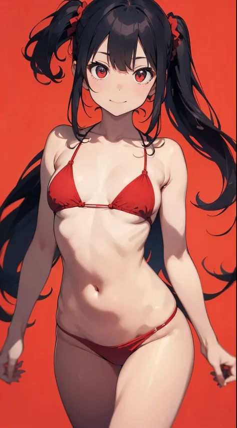 A young and beautiful Japanese woman stands confidently against a solid red background, wearing a vibrant red bikini. Her red eyes gleam warmly, and her blue hair flows gently, adding a sense of elegance and movement. Captured from a low-angle perspective,...