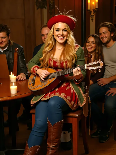 professional studio photo shoot of Lindsay Lohan as Priscilla, lively joyful female bard, performing in a medieval tavern, sitting on a wooden table, playing an ornately decorated lute, long flowing blonde hair, red and green Renaissance-style outfit, intr...