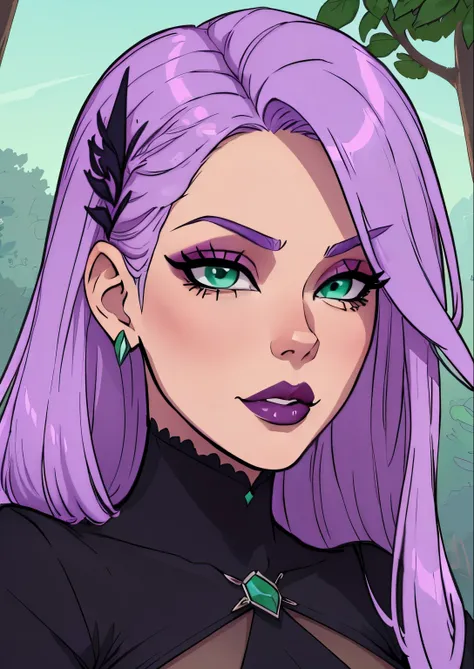 masterpiece, best quality, 1female, beautiful, face portrait, 1girl, face focus, deep makeup, lilac hair, goth, straight hair, cell shading, mint-green eyes