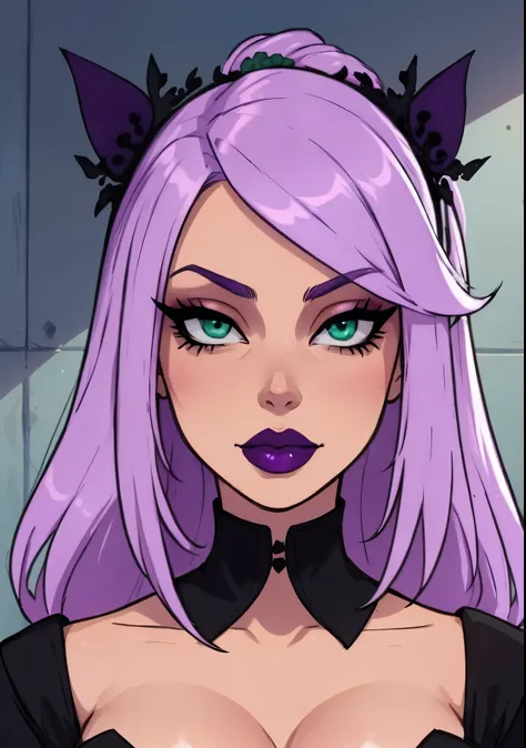 masterpiece, best quality, 1female, beautiful, face portrait, 1girl, face focus, deep makeup, lilac hair, goth, straight hair, cell shading, mint-green eyes
