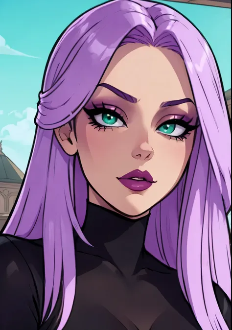 masterpiece, best quality, 1female, beautiful, face portrait, 1girl, face focus, deep makeup, lilac hair, goth, straight hair, cell shading, mint-green eyes