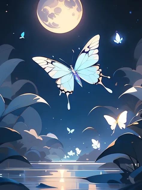 painting of a blue butterfly flying over a blue planet, digital art by Ju Lian, cg society contest winner, digital art, soft blue moonlight, blue moonlight, blue moon light, ✨🕌🌙, blueish moonlight, blue night, glowing blue butterflies, beautiful art, butte...