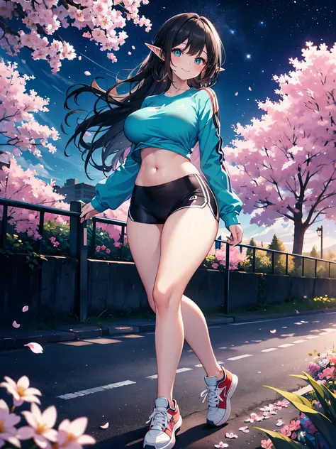 detailed image, beautiful image, 1 elf, black hair, long hair, turquoise eyes, has large breasts, short waist, wide hips, thick thighs, wearing a long sleeve top, showing her belly button, sport shorts, casual sneakers, running in a park, smiling, starry n...