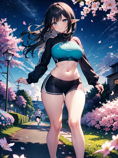 detailed image, beautiful image, 1 elf, black hair, long hair, turquoise eyes, has large breasts, short waist, wide hips, thick thighs, wearing a long sleeve top, showing her belly button, sport shorts, casual sneakers, running in a park, smiling, starry n...