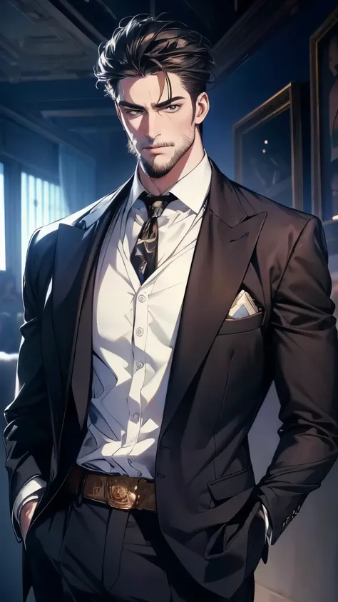 (  idiot,4K,8k,   highres,   Masterpiece:1.2),   ultra-detailed,( realistic,photo realistic,photo- realistic:1.37),36-year-old man,3 day beard,cute anime ,Portraits,strong,Masculine,   dark hair,sharp jaw,      mesmerizing eyes      ,   perfectly combed ha...