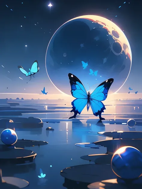 painting of a blue butterfly flying over a blue planet, digital art by Ju Lian, cg society contest winner, digital art, soft blue moonlight, blue moonlight, blue moon light, ✨🕌🌙, blueish moonlight, blue night, glowing blue butterflies, beautiful art, butte...