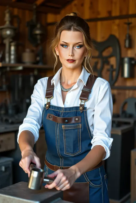  beautiful woman,  blue eyes, silver jewelry,  white shirt,  denim jumpsuit, blacksmith leather apron, molding steel with a hammer on an anvil,  in a workshop built of wood in the woods with wrought iron and blacksmith ornaments around it, Good lighting du...