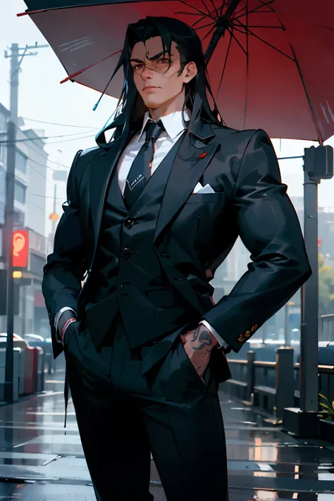 (photorealism:1.2), muscular adult man, dead serious face, black pants, long hair, out door and raining, cold lighting, streets in background, mafias in the background, black hair, handsome, mafia tatoo, asian type, big eyes and handsome face, red eyes, hi...