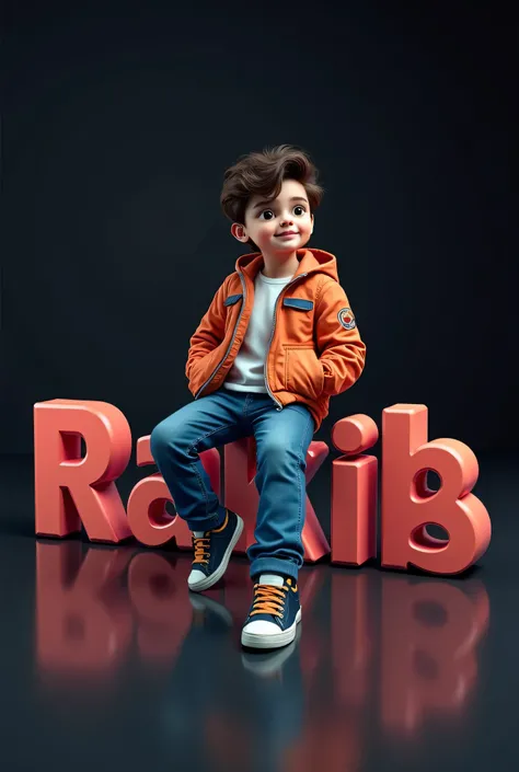 Create 3d vibrant 3d scene with smart graphic and a Hafej boy siting casually on the " RAKIB" name in large 3d text. Dress him in trendy casual attire like jeans, a jacket, an sneakers. The background should black wall make sure name is not misspelled