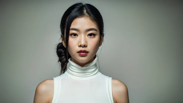 ((best quality, 8k, masterpiece:1.3)),asian Beauty with Perfect Figure, Vivid, white modern sleeveless turtleneck ,long black hair,white background,((detailed face)),vintage photography,
