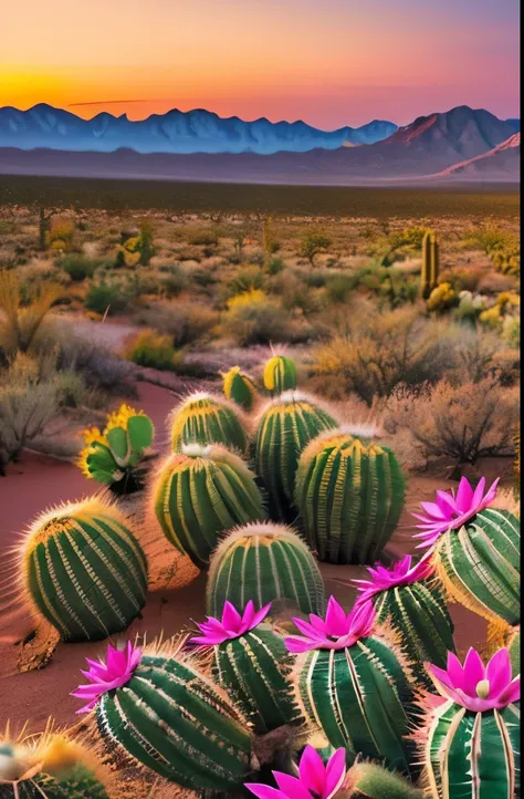 a close up of a cactus plant with pink flowers in a desert, desert flowers, cactus and flowers, desert photography, arizona desert, sunset in the desert, mexican desert, marc adamus, beautiful vistas with cacti, warm beautiful scene, desert sunrise in the ...