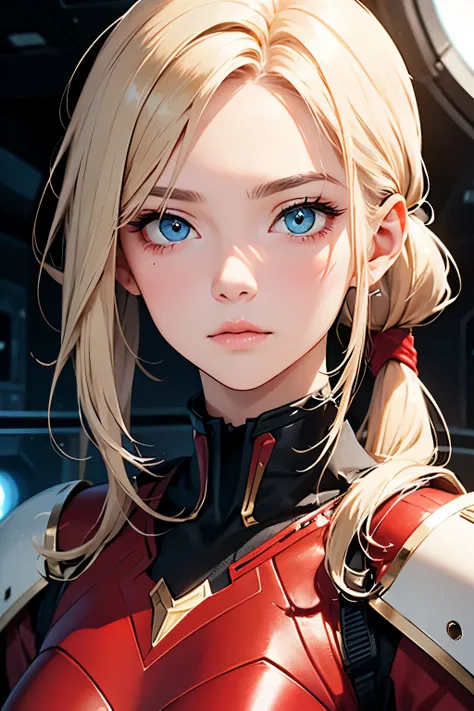  One Beautiful Woman 。 blond and blue eyed。She has her hairstyle in a ponytail 。Twenty years old。 facial details 。Cool eyes。Straight nose。Well-shaped lips。 she wears red metallic armor 。She's in a spaceship。 she is staring at the camera with a defiant expr...