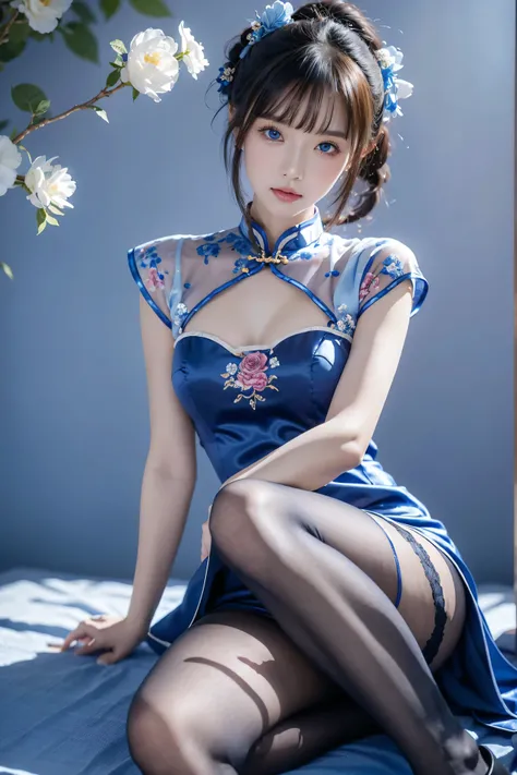 Cheongsam, 1 girl, blue bow, blue eyes, blue flowers, blue ribbon, blue rose, chest, Chinese clothing, Chinese clothing, dress, flower, gradient, gradient background, embroidered ball flower, looking at the audience, small chest, pantyhose, rose, single, t...