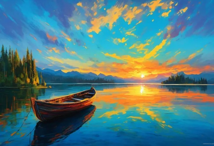 a stunning sunset lake landscape, a wooden fishing boat on a serene lake, dramatic sky with vibrant colors, sunlight reflecting on the water, an incredible award-winning abstract art piece, high quality detailed illustration, photorealistic, 8k, masterpiec...