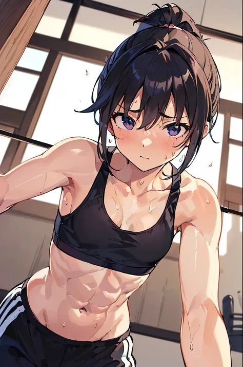 masterpiece, best quality, very detailed body, ultra detailed, very detailed face, (((anime))), ((1girl)), ((from below angle)), (((chinning))), ((hang from a horizontal bar)), (((sports bra, buruma))), (((small breasts))), (six pack abs:1.2), (((tsurime))...