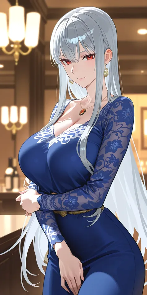 Masterpiece, elegant mature woman, selvaria bles, red eyes, casual clothes, long sleeve shirt, tall body, upper body, dynamic lighting, ultra detailed, highres, absurdres, senjou no valkyria (series), mik blamike art style, newest, blue dress with dupatta ...