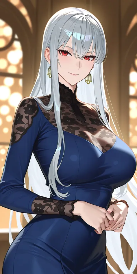 Masterpiece, elegant mature woman, selvaria bles, red eyes, casual clothes, long sleeve shirt, tall body, upper body, dynamic lighting, ultra detailed, highres, absurdres, senjou no valkyria (series), mik blamike art style, newest, blue dress with dupatta ...