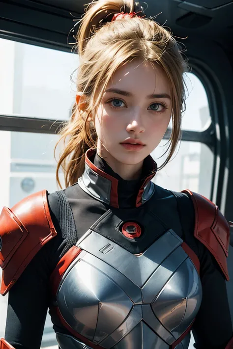 A beautiful woman with blonde hair and blue eyes. She has her hair in a ponytail. He is twenty years old. She is looking at the camera with a defiant expression. She wears futuristic red armor that protects her entire body. She's in a spaceship.