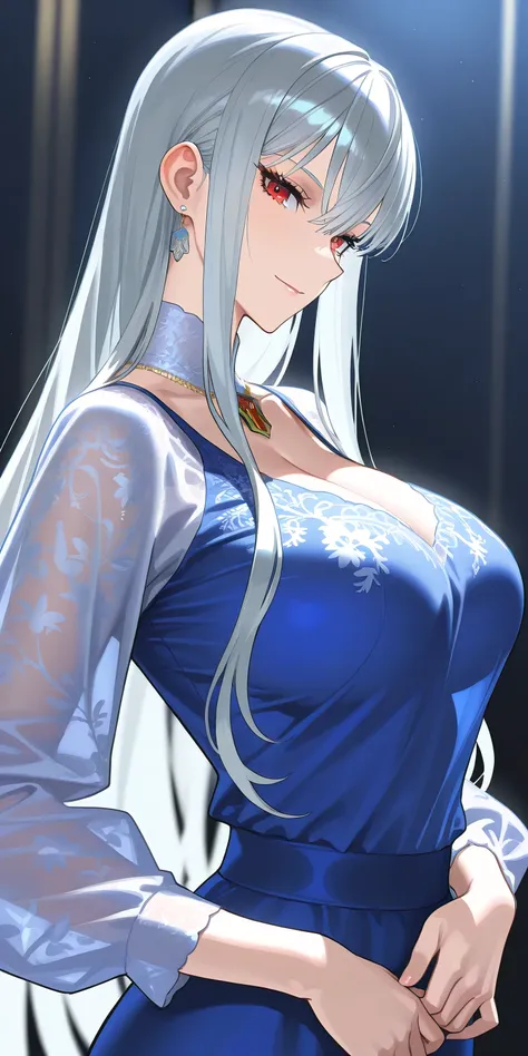 Masterpiece, elegant mature woman, selvaria bles, red eyes, casual clothes, long sleeve shirt, tall body, upper body, dynamic lighting, ultra detailed, highres, absurdres, senjou no valkyria (series), mik blamike art style, newest, blue dress with long sle...