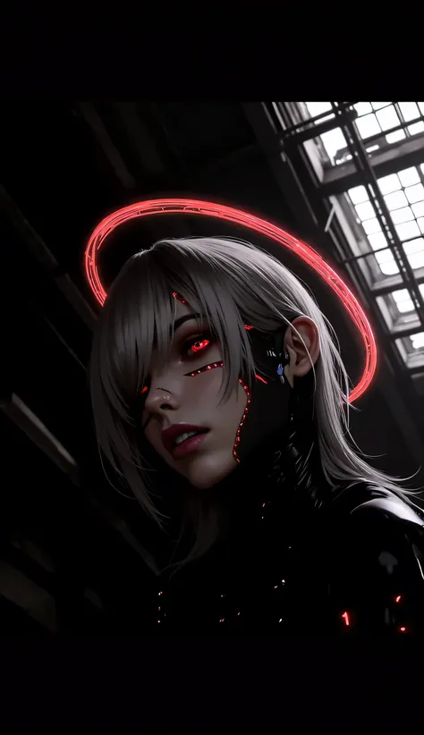 Dark sci-fi portrait of a cyber-enhanced woman, gothic cyberpunk aesthetic, short silver hair, red neon circuits embedded in her skin, sleek futuristic armor, soft glowing reflections, industrial high-tech setting, ultra-detailed digital painting