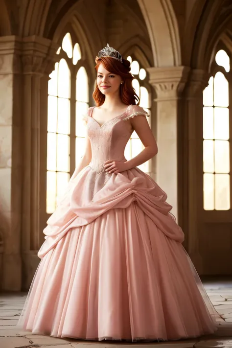 Imagine Emma Stone as a fairy tale princess, dressed in a stunning blush pink gown adorned with sparkling embellishments. Her voluminous, ruffled tulle skirt flows elegantly, and she wears a delicate silver tiara that enhances her regal aura. Set against a...