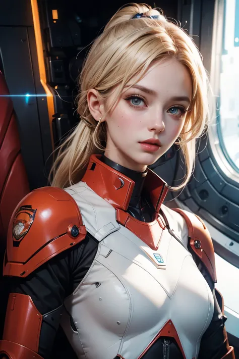 close-up of a woman in a red and white uniform,  animated portrait of a space student girl ,  perfect android girl ,  beautiful woman Android !,  android heroine, Echoes from Overwatch, Mecha Cyber Armored Girl , Astronaut girl wearing a portrait ,  ART GE...