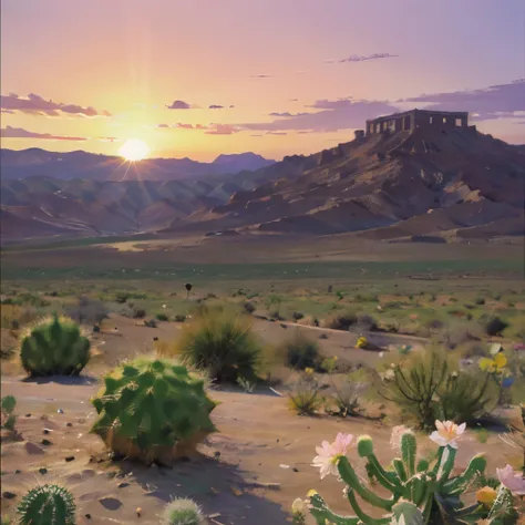 a close up of a cactus plant with pink flowers in a desert, desert flowers, cactus and flowers, desert photography, arizona desert, sunset in the desert, mexican desert, marc adamus, beautiful vistas with cacti, warm beautiful scene, desert sunrise in the ...