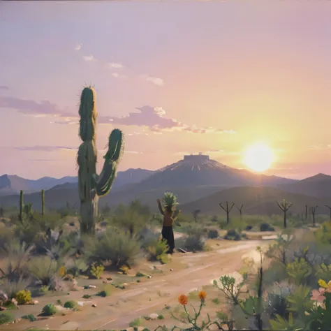 a close up of a cactus plant with pink flowers in a desert, desert flowers, cactus and flowers, desert photography, arizona desert, sunset in the desert, mexican desert, marc adamus, beautiful vistas with cacti, warm beautiful scene, desert sunrise in the ...