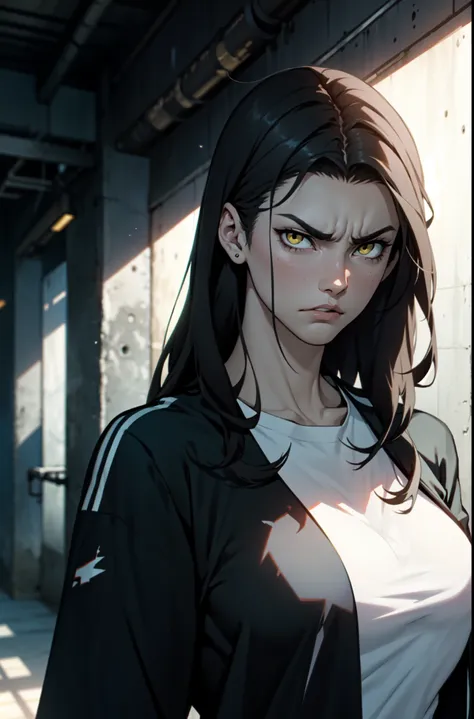 giant muscles huge breasts massive hair pale skin black hair yellow eyes long straight hair angry sad sad girl sad dark atmosphere